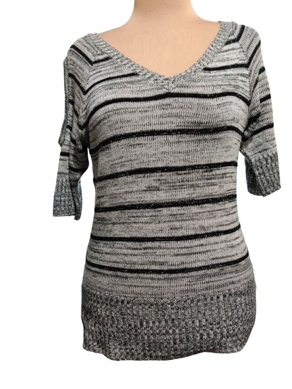One A Sweater Size L Gray Black Striped V Neck Open Sleeve Knit Y2K Indie Sleaze